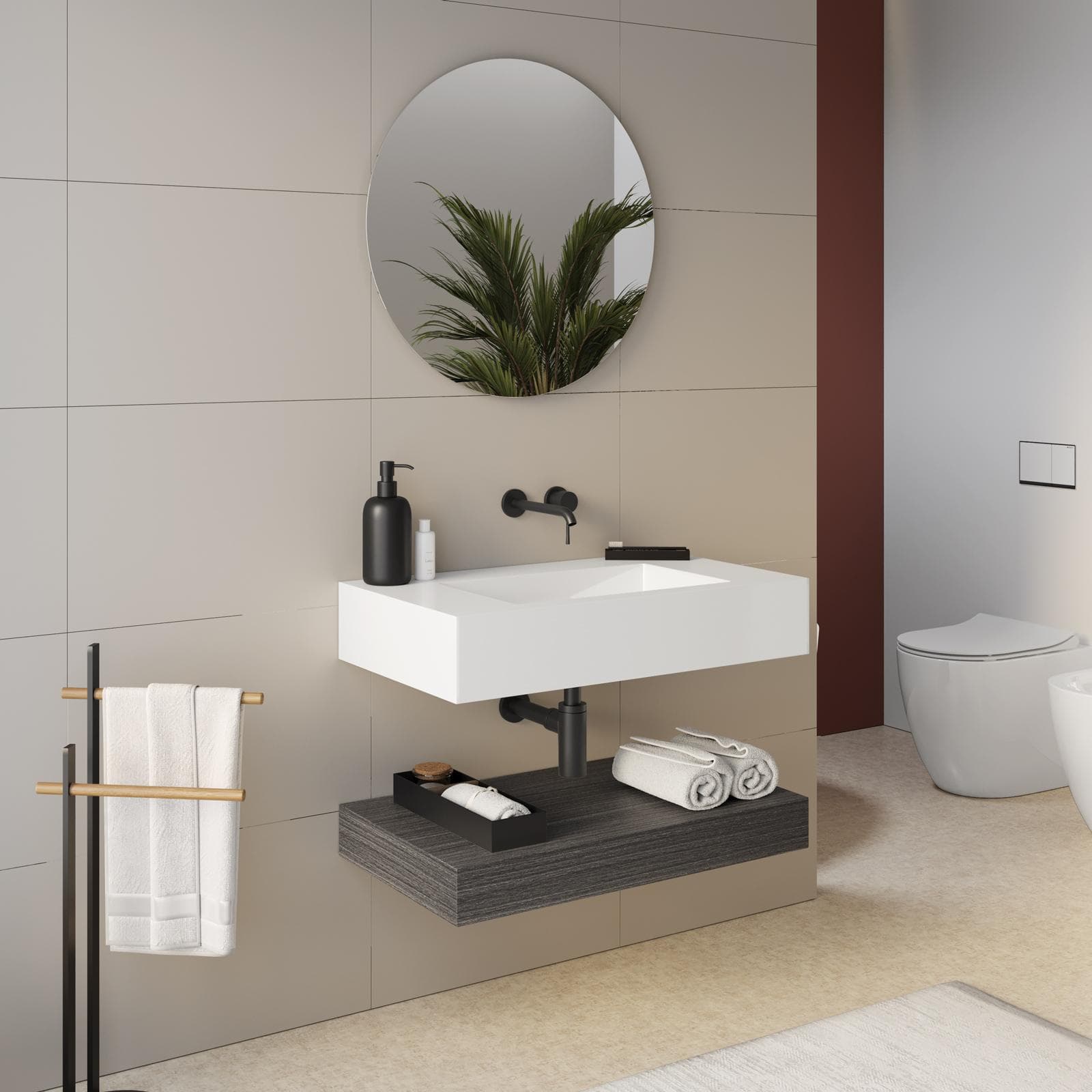 Top lavabo bianco opaco 80 cm con piano da appoggio rovere grigio e specchio - Medina