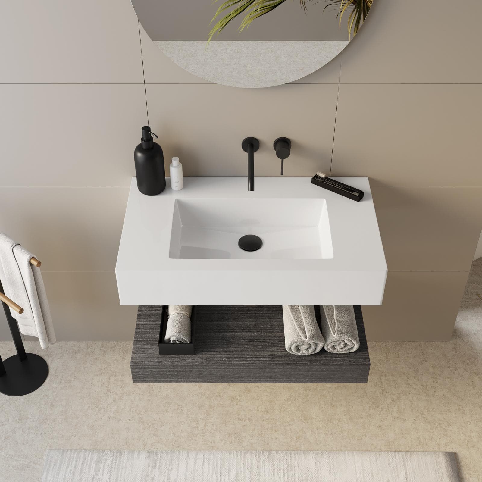 Top lavabo bianco opaco 80 cm con piano da appoggio rovere grigio e specchio - Medina