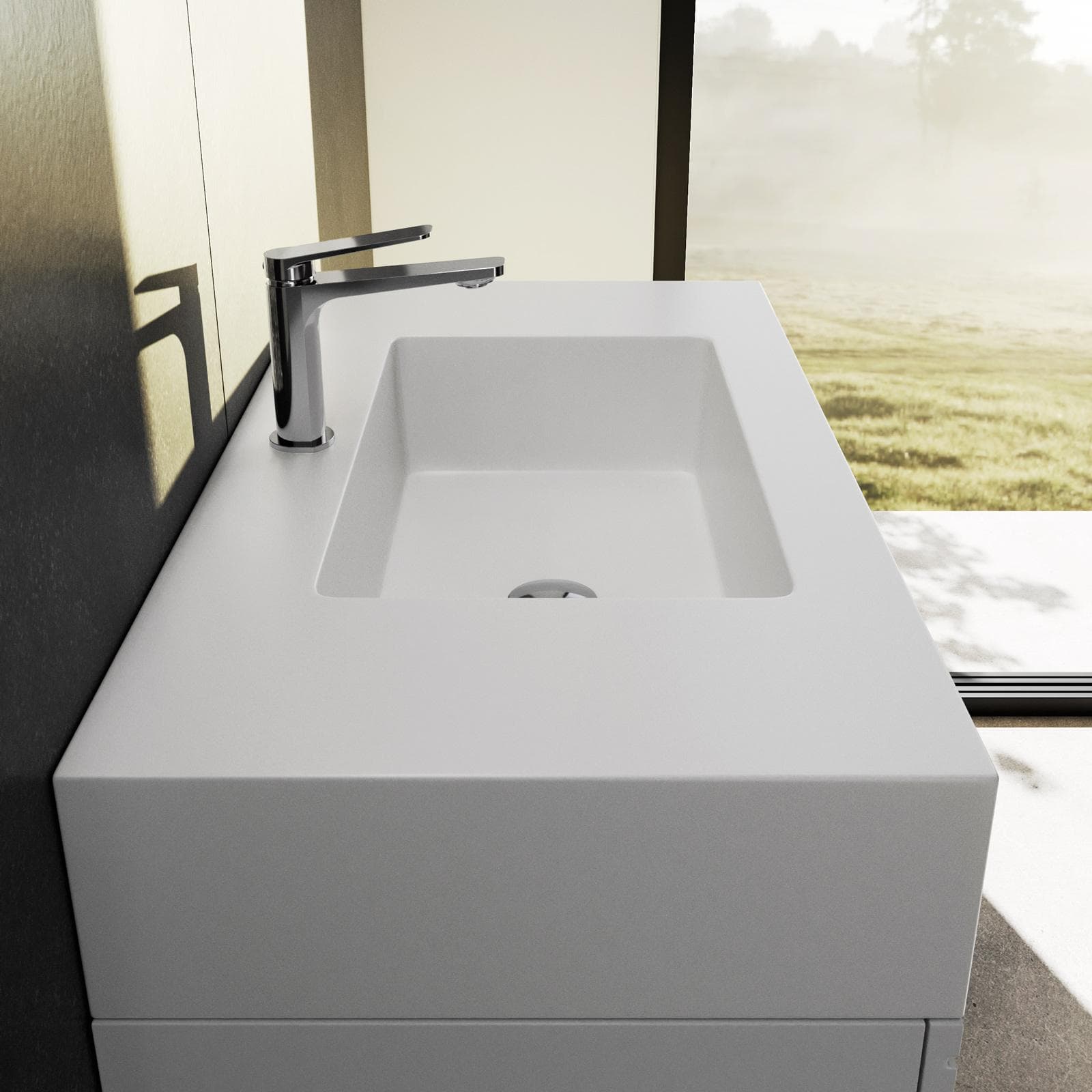 Top lavabo bianco opaco 80 cm con piano da appoggio rovere grigio e specchio - Medina