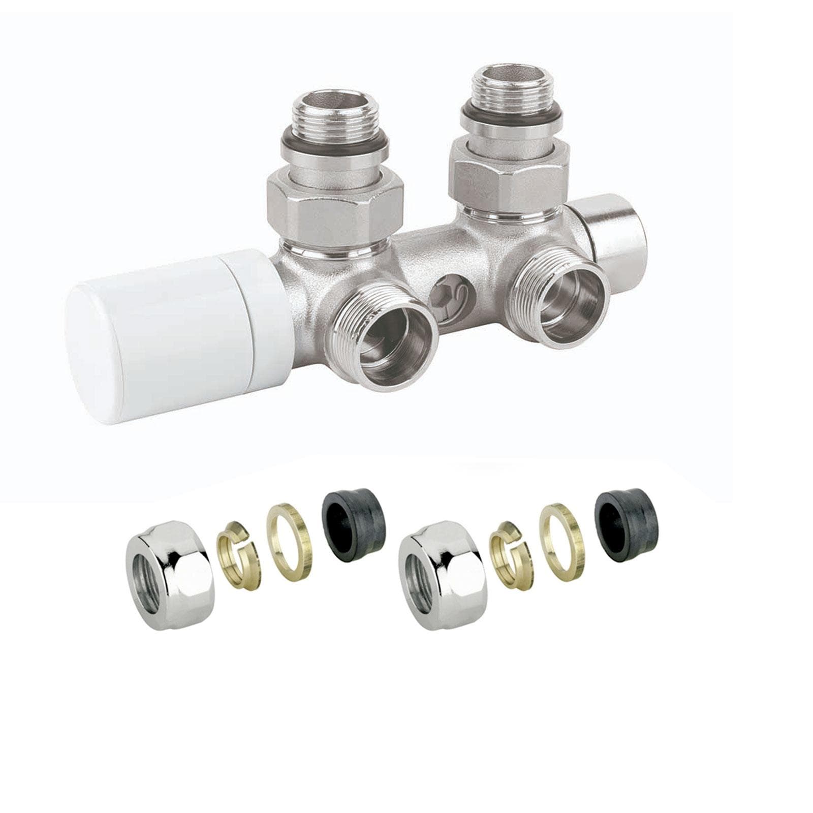 Valvola mono/bitubo con by-pass e detentore attacco centrale per multistrato 16x2,25