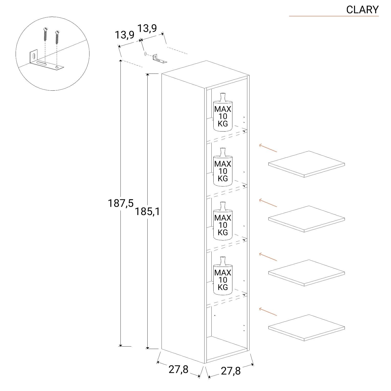 Libreria 28x185h cm mercure con 4 ripiani regolabili in altezza - Clary
