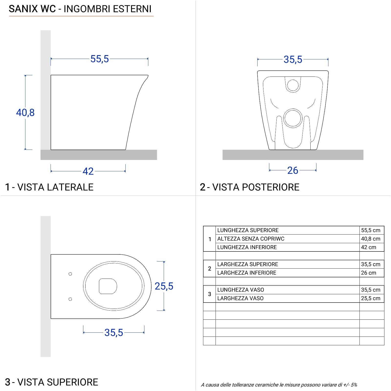 Vaso filomuro con scarico traslato e con copri wc bianco lucido - Sanix