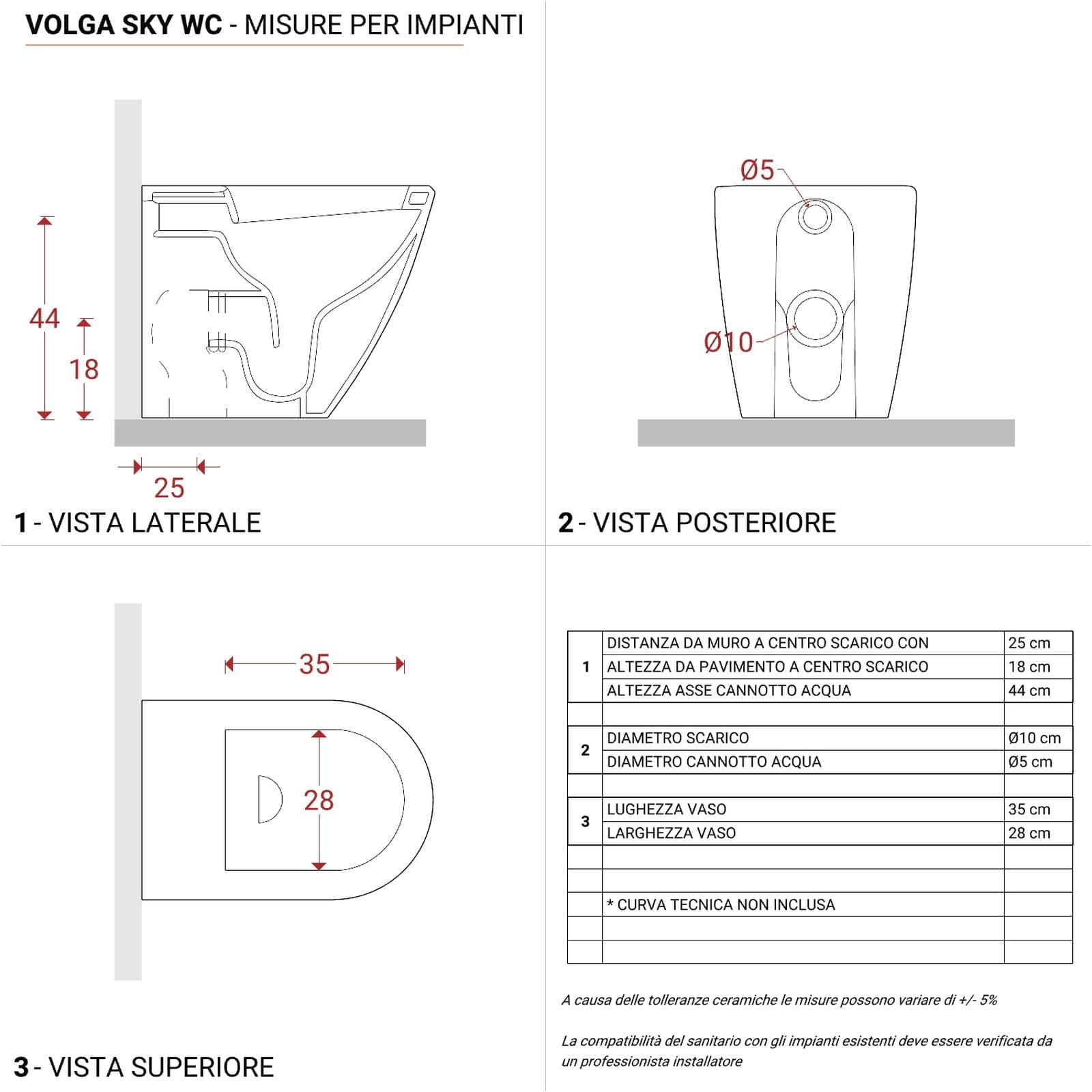 Vaso filomuro H 50 cm in ceramica bianco lucido con scarico traslato e sedile - Volga Sky