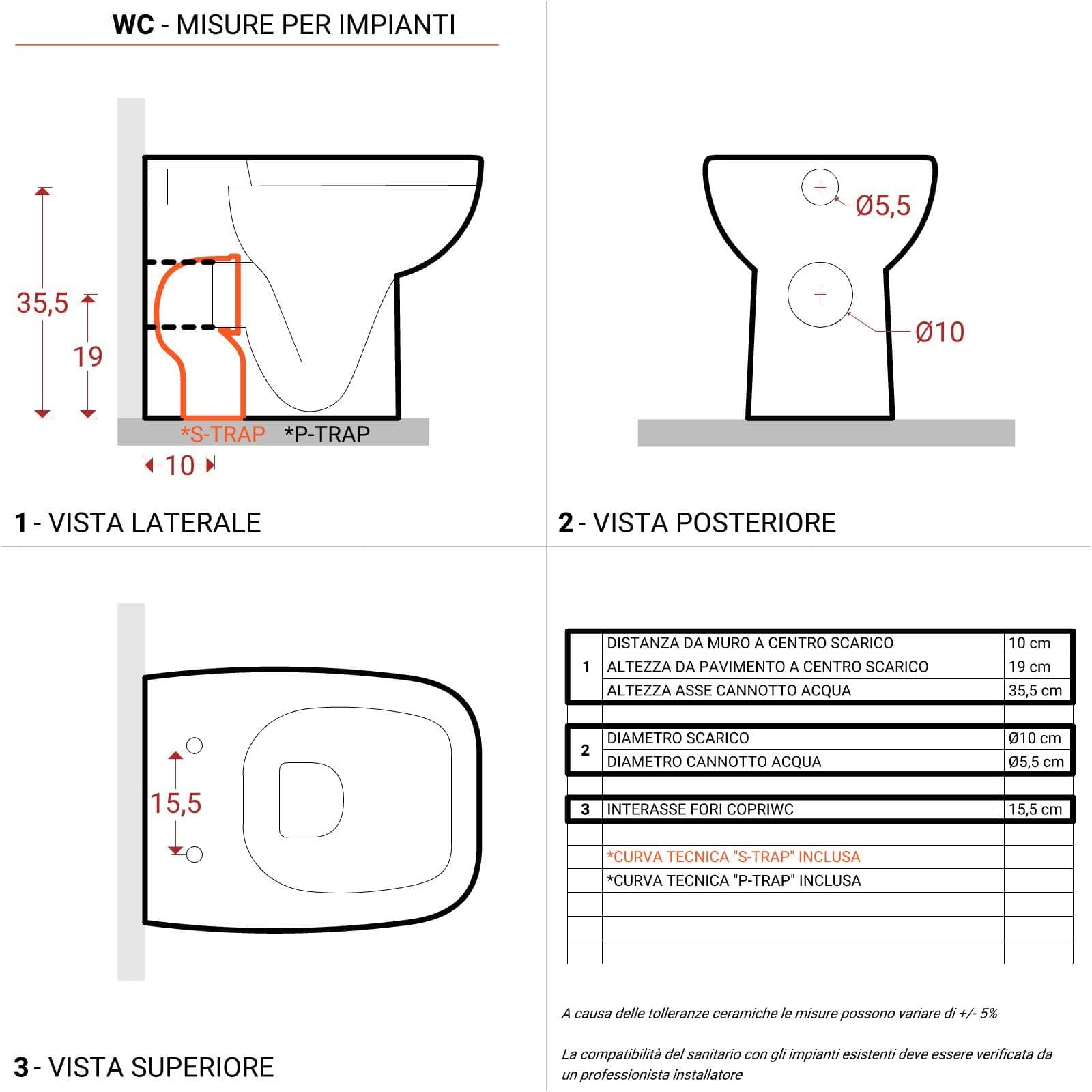 Vaso filomuro in ceramica sedile soft close con copriwc 35 x 40h cm wc singolo - Proven