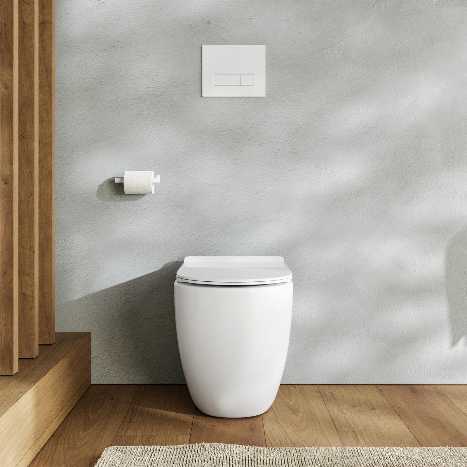 Vaso filomuro in ceramica con scarico traslato e copriwc softclose - One