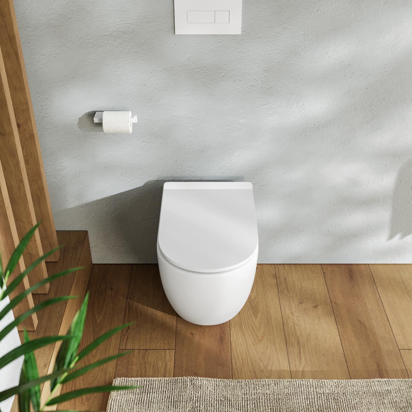 Vaso filomuro in ceramica con scarico traslato e copriwc softclose - One