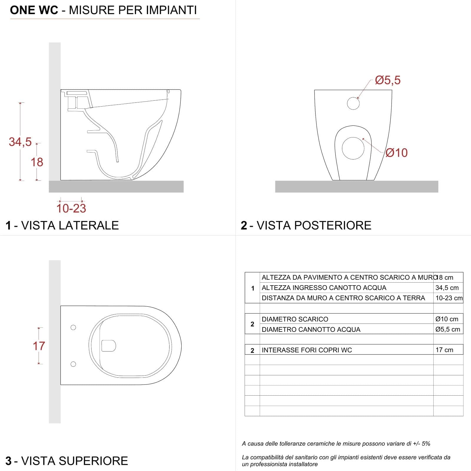 Vaso filomuro in ceramica con scarico traslato e copriwc softclose - One