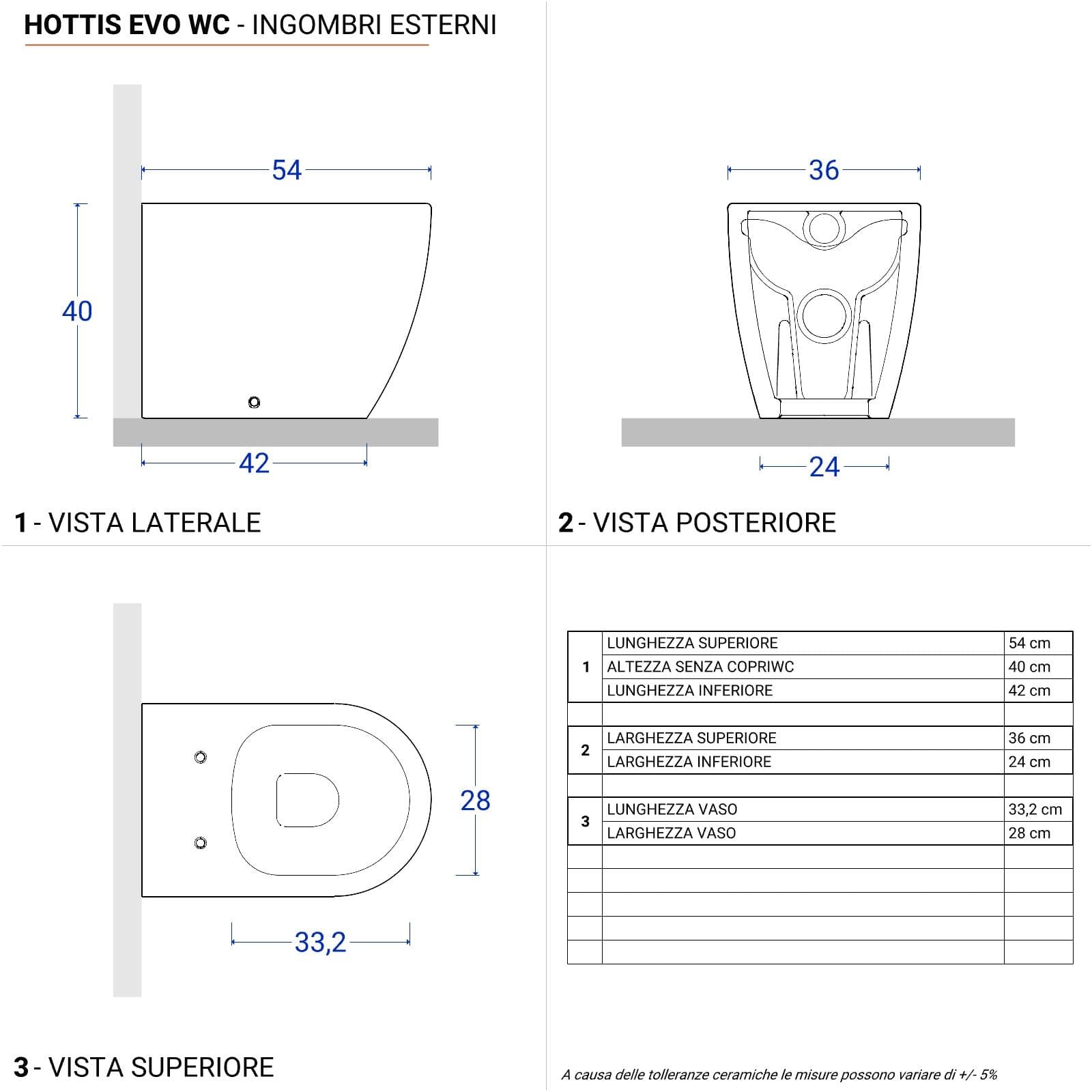 Vaso filomuro in ceramica con sedile avvolgente soft-close - Hottis Evo