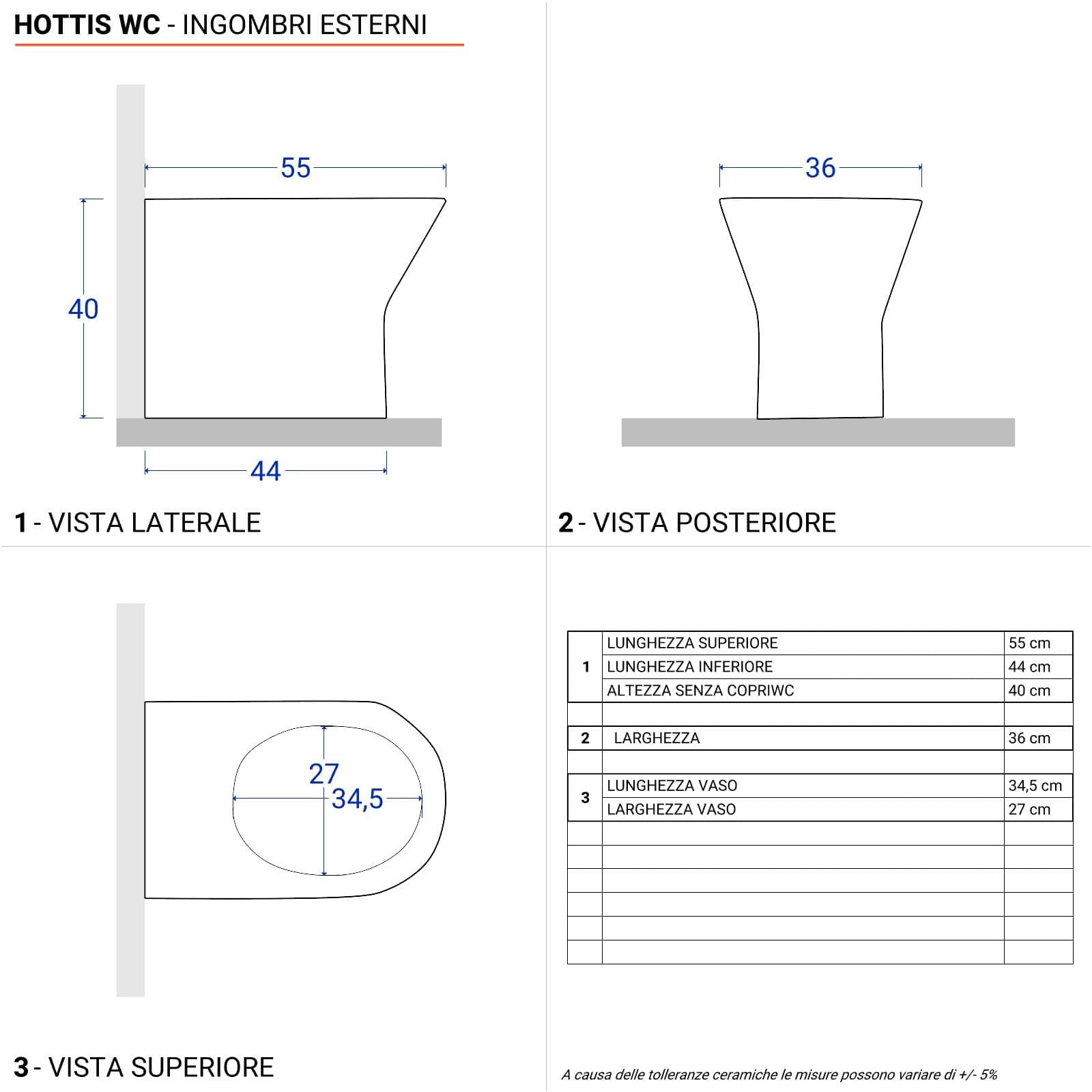 Vaso filomuro in ceramica con sedile copriwc soft close - Hottis