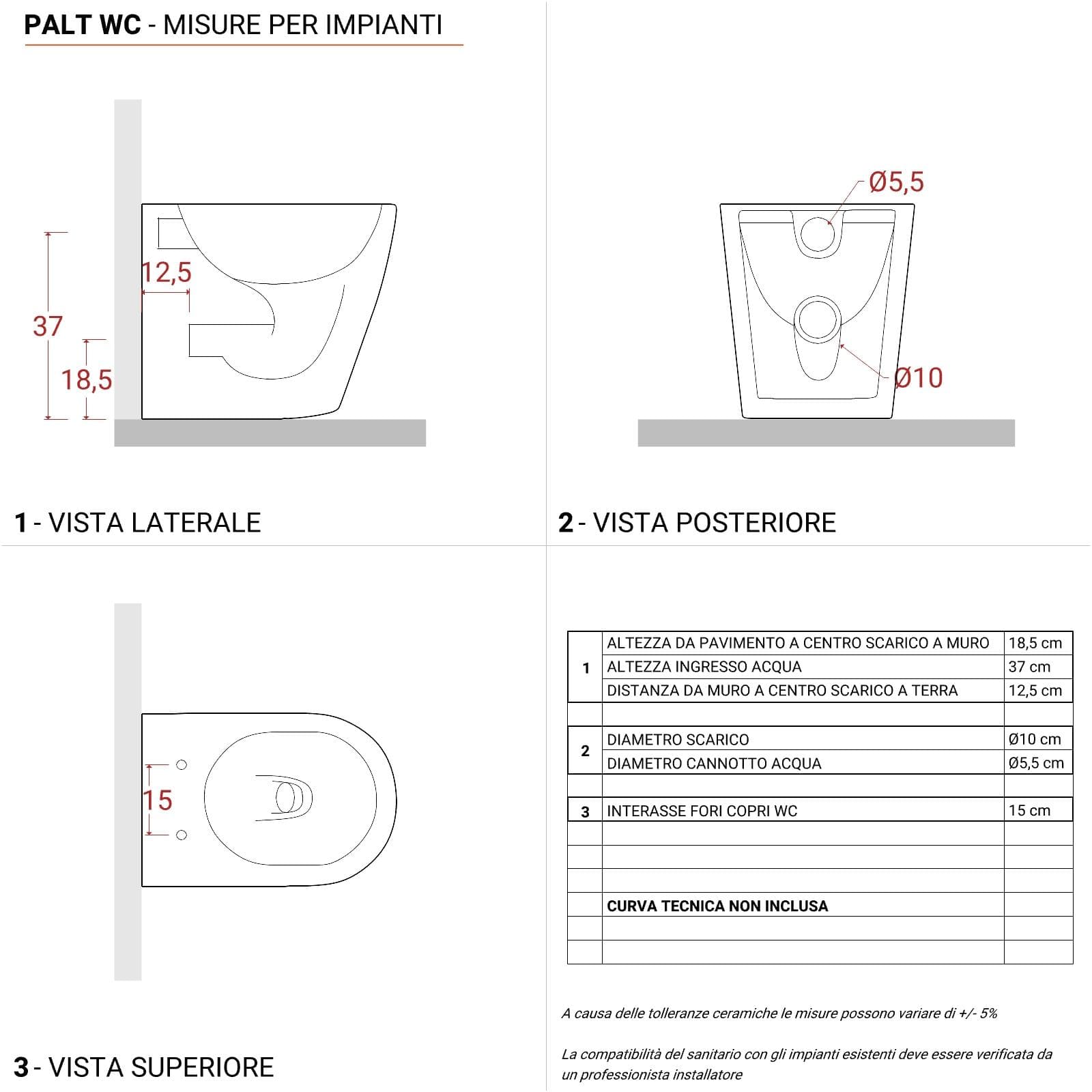 Vaso filomuro in ceramica con sedile softclose e sgancio rapido - Palt