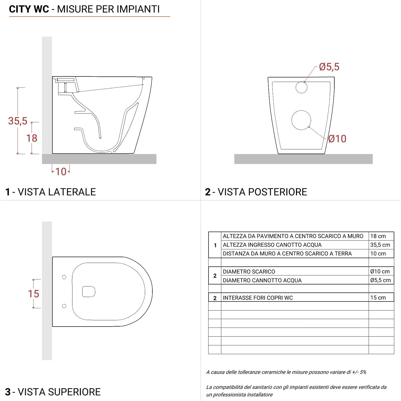 Vaso filomuro in ceramica rimless con copriwc slim softclose - City