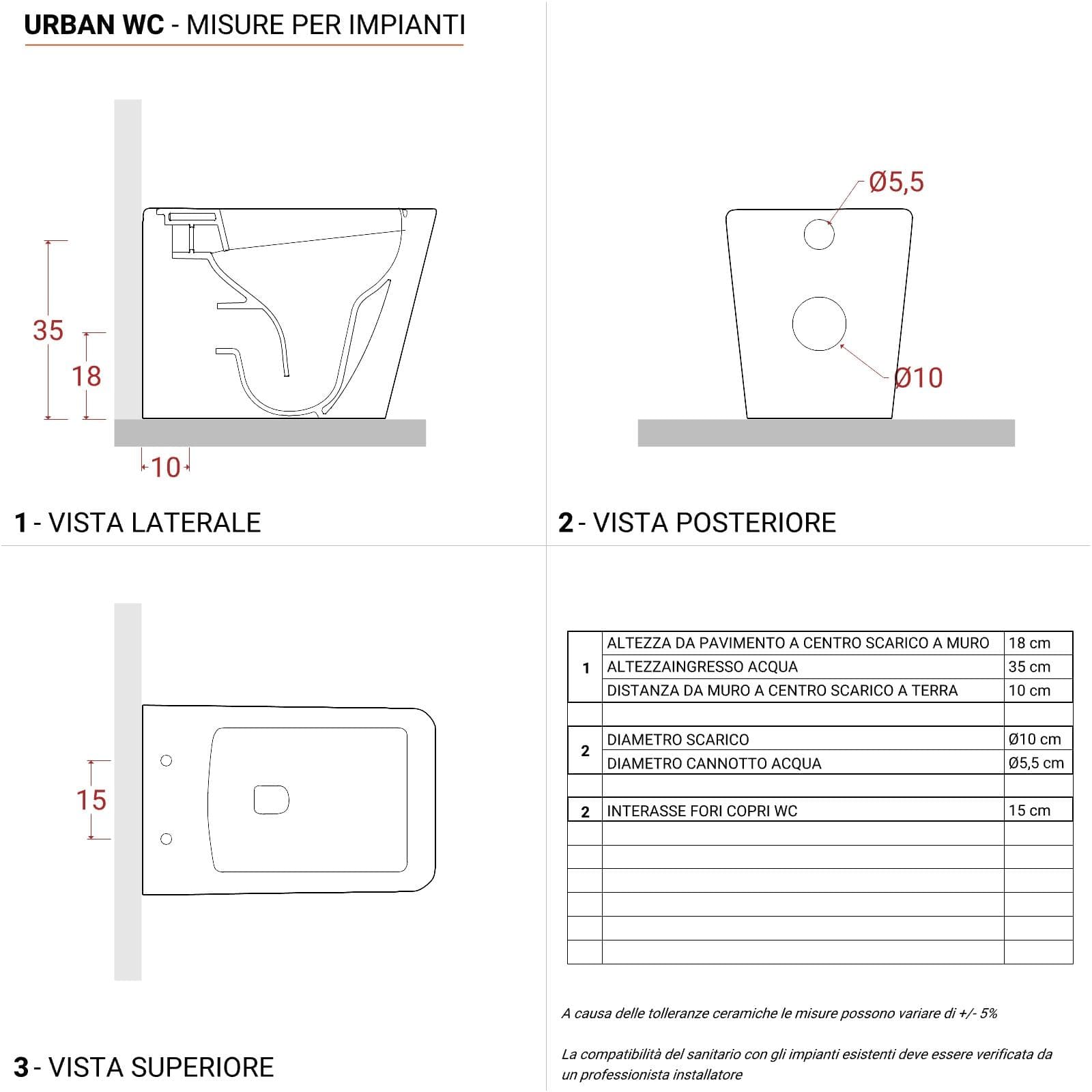 Vaso filomuro in ceramica rimless con copriwc softclose - Urban