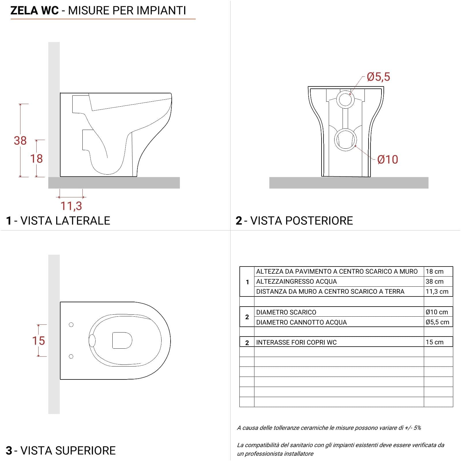 Vaso filomuro in ceramica senza brida con sedile softclose - Zela
