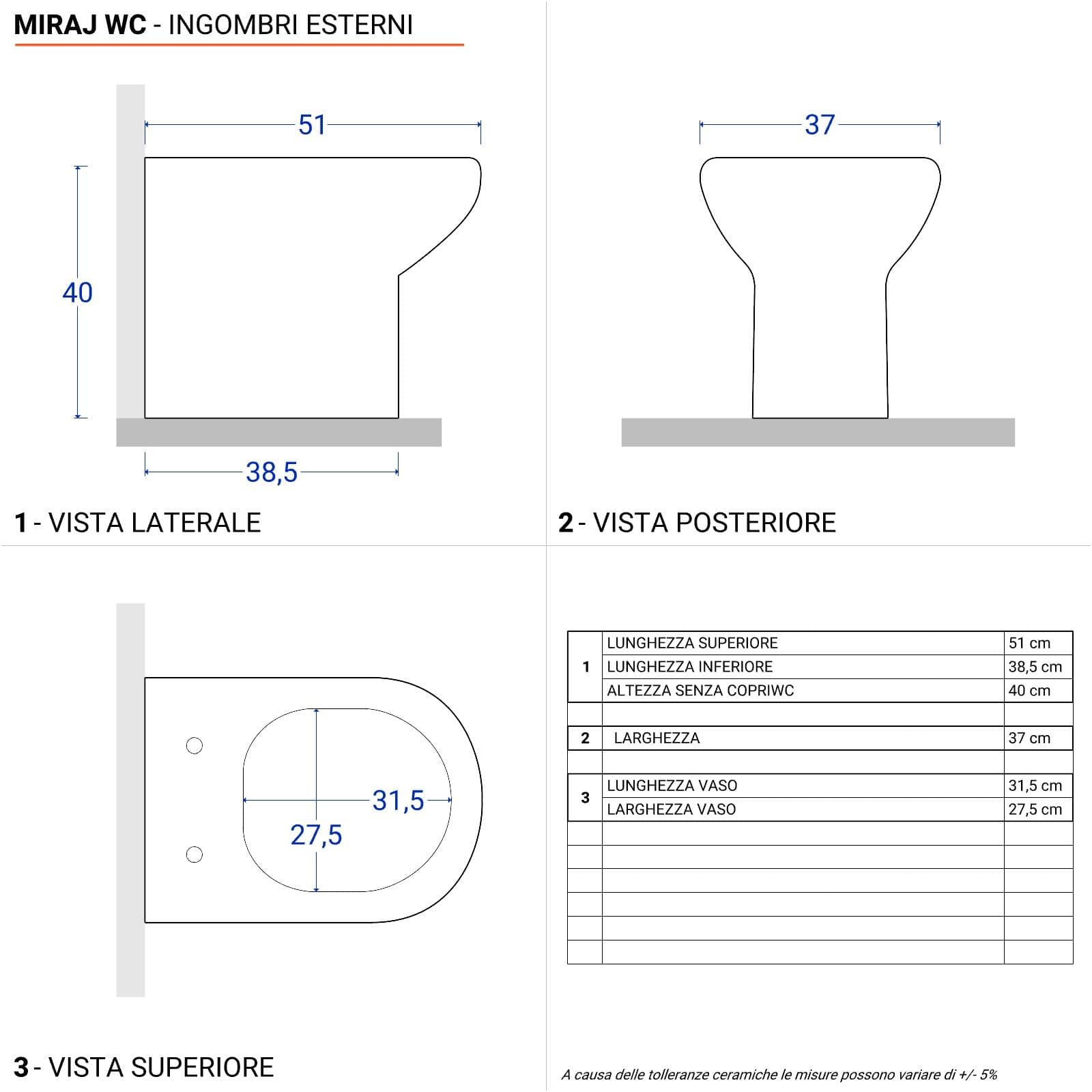 Vaso filoparete in ceramica 51 cm completo di sedile soft-close - Miraj