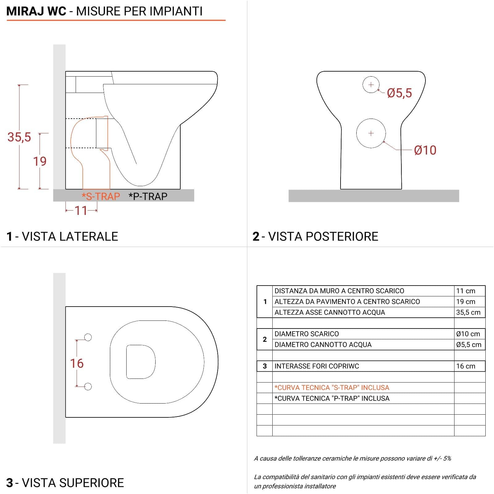Vaso filoparete in ceramica 51 cm completo di sedile soft-close - Miraj