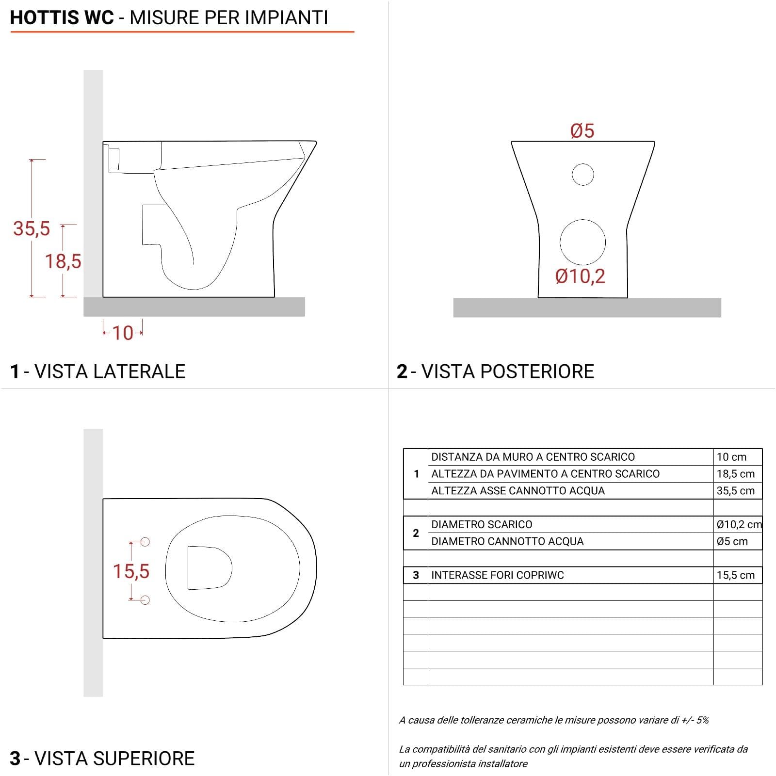 Vaso in ceramica filomuro senza brida rimless con sedile copriwc - Hottis