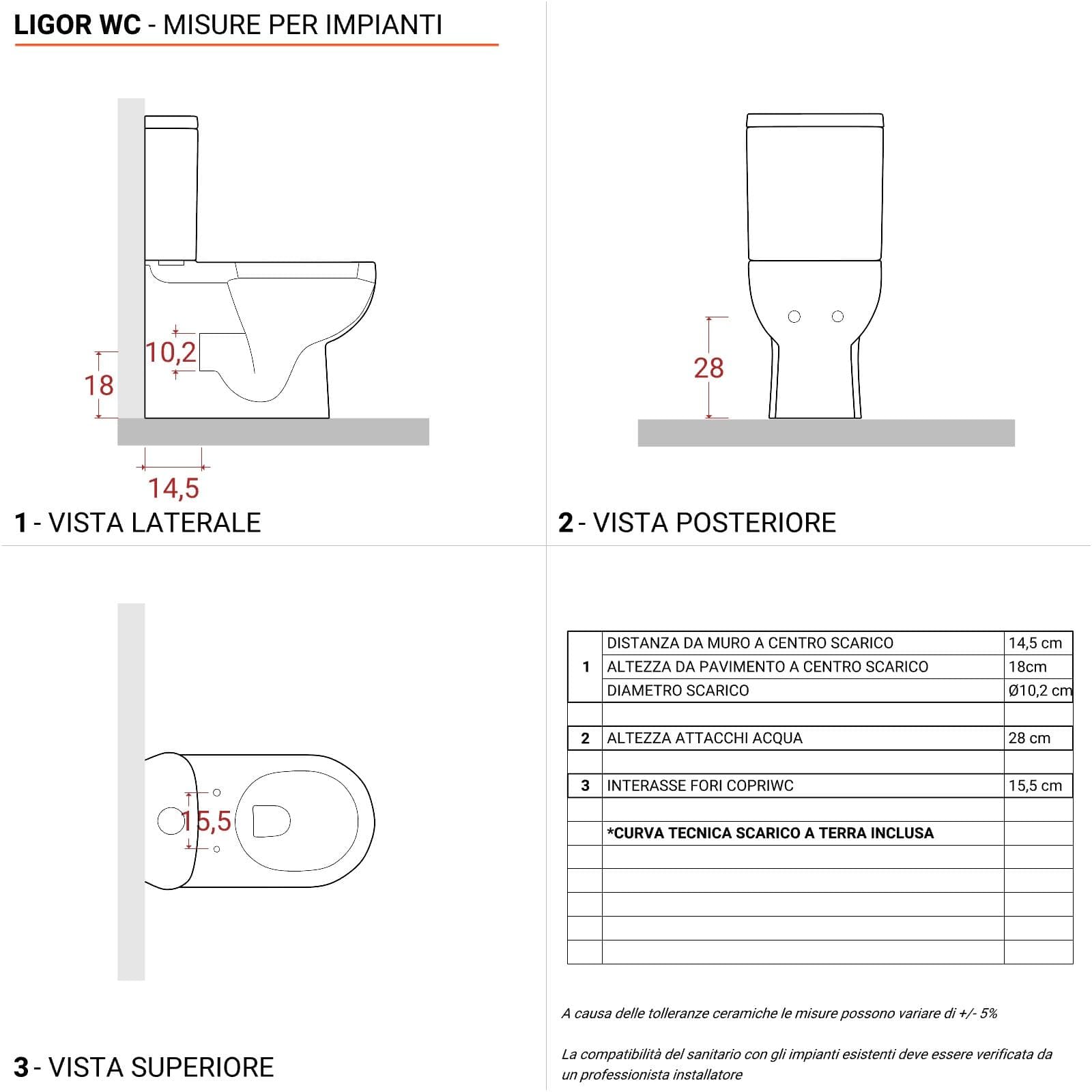 Vaso monoblocco filomuro con scarico a terra o a parete con cassetta e sedile - Ligor