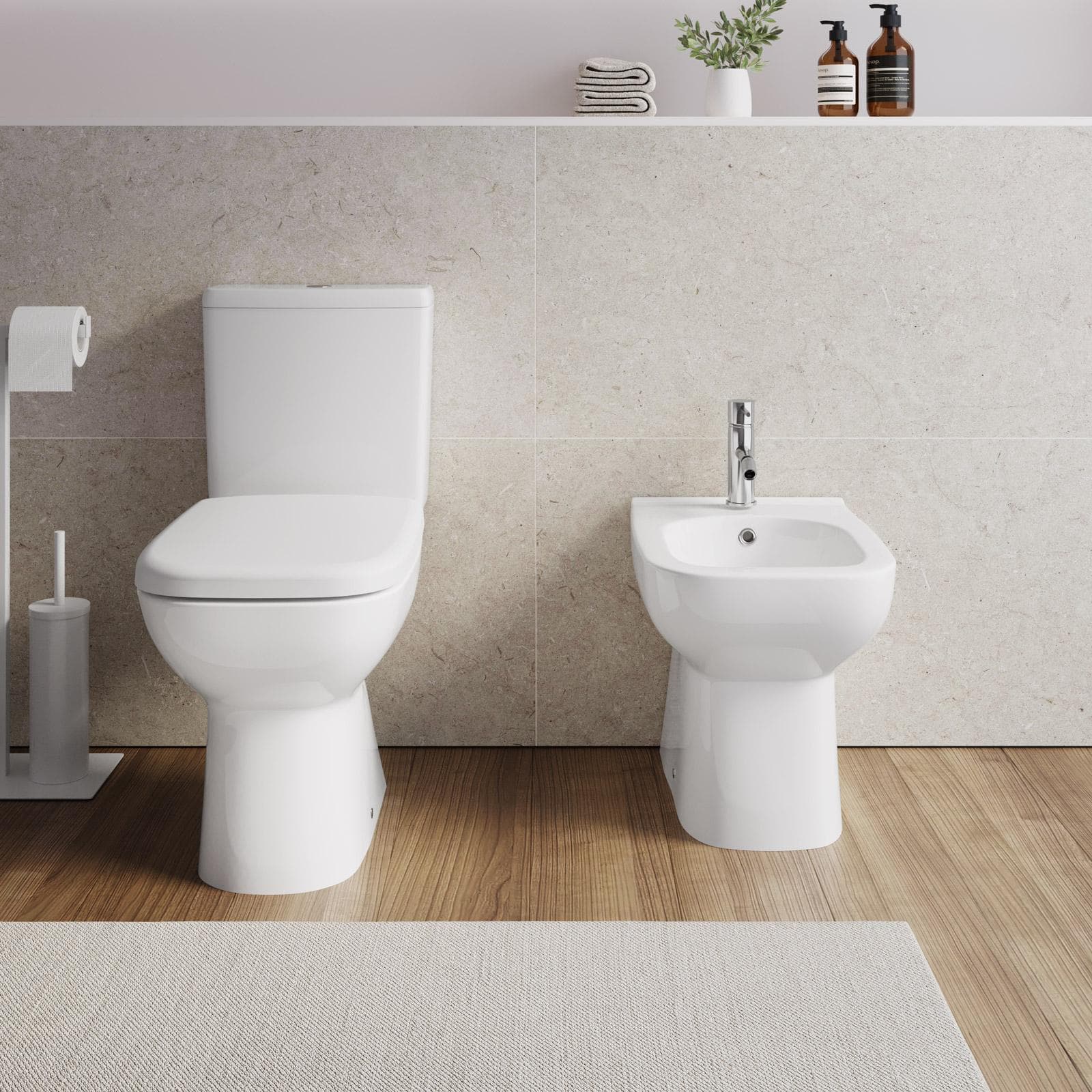 Vaso monoblocco tradizionale in ceramica con cassetta e bidet filomuro con sedile Soft Close - Proven