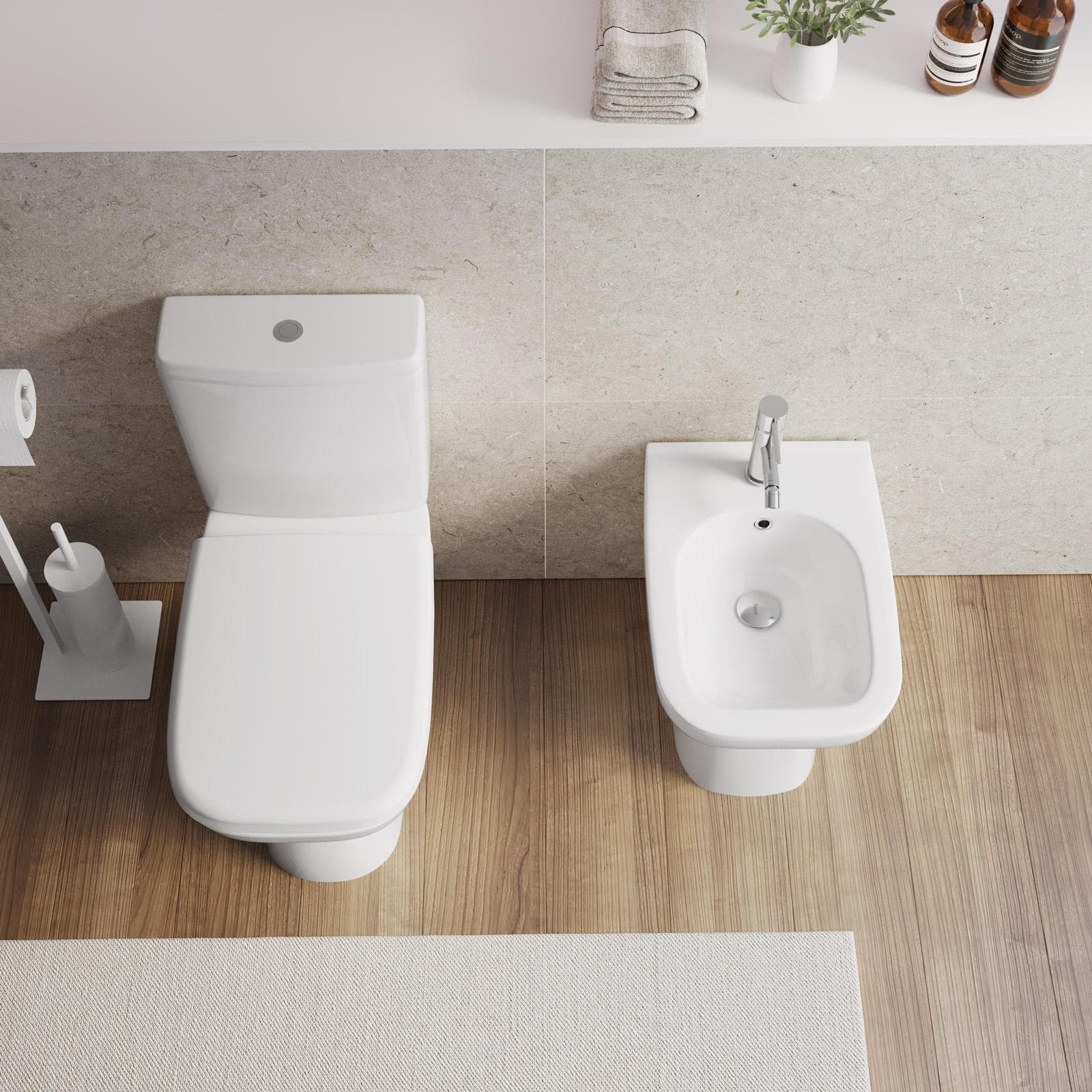 Vaso monoblocco tradizionale in ceramica con cassetta e bidet filomuro con sedile Soft Close - Proven