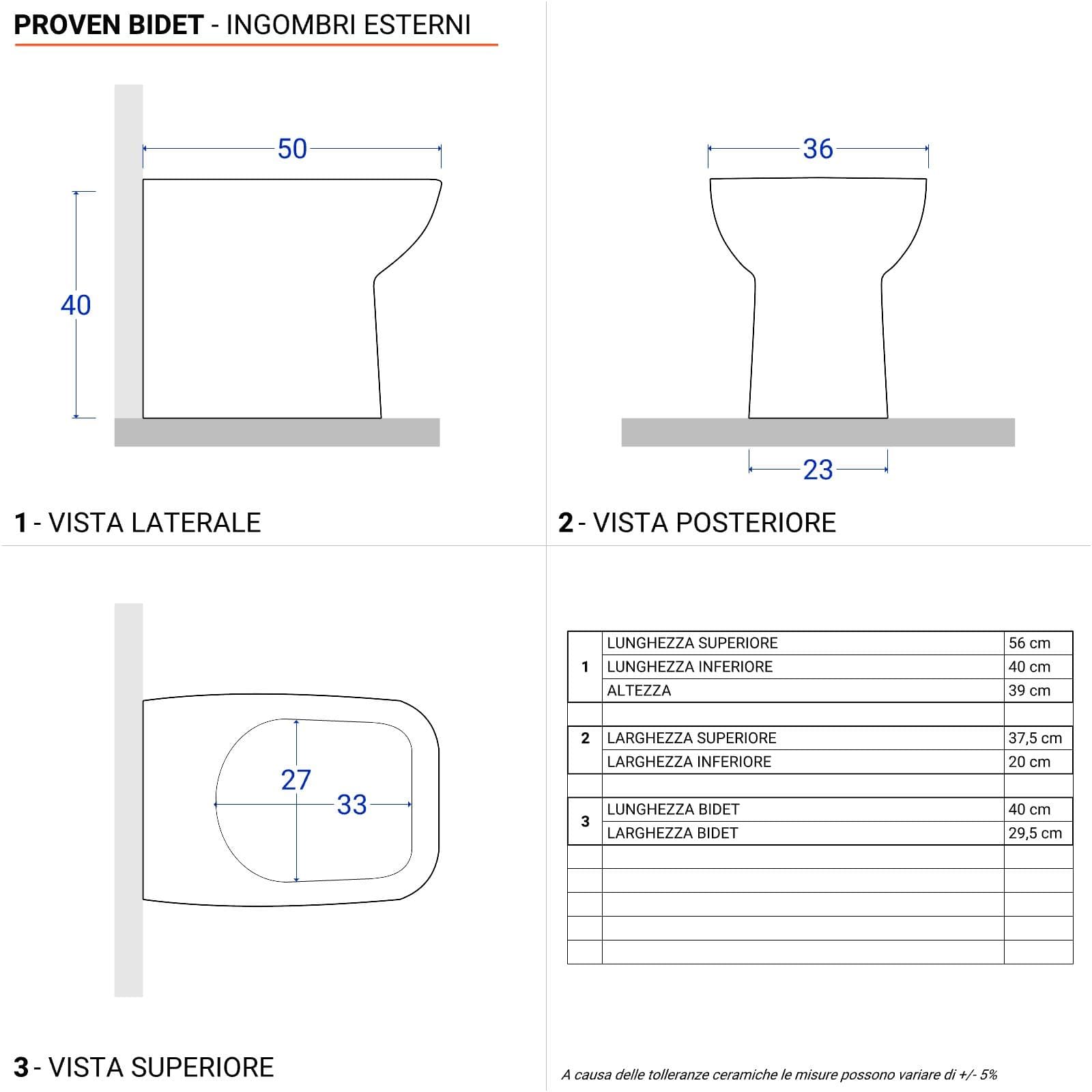 Vaso monoblocco tradizionale in ceramica con cassetta e bidet filomuro con sedile Soft Close - Proven