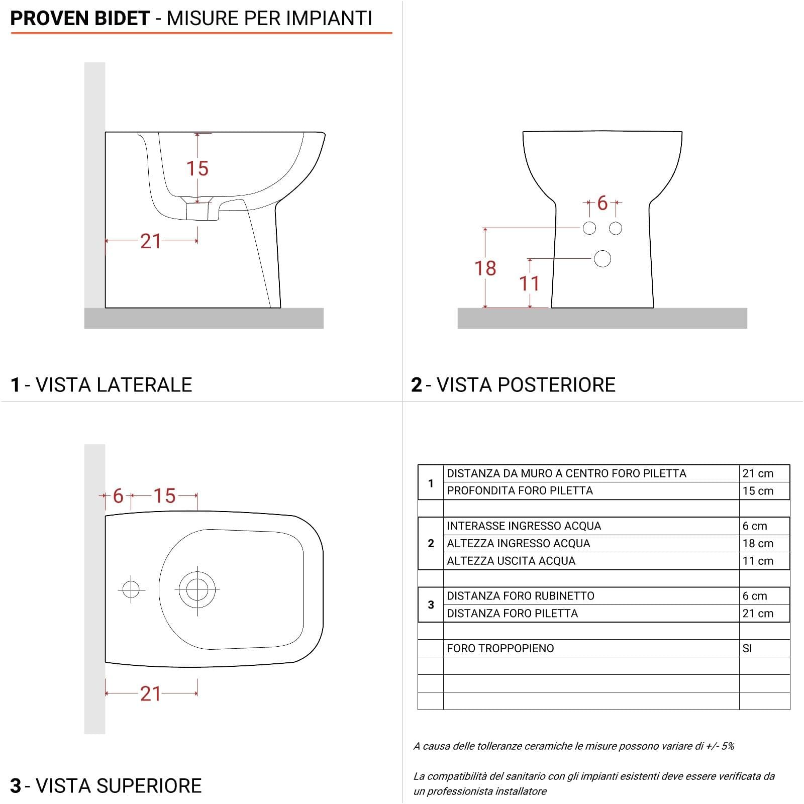 Vaso monoblocco tradizionale in ceramica con cassetta e bidet filomuro con sedile Soft Close - Proven