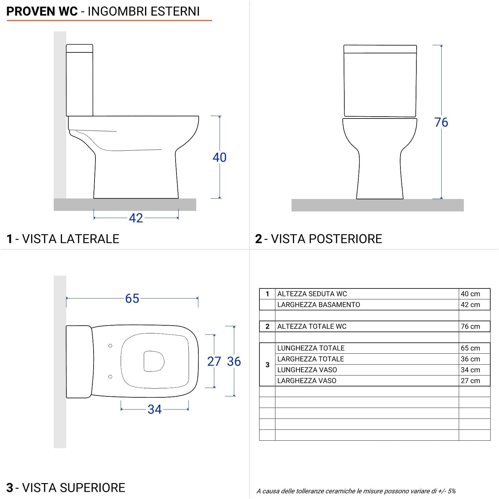 Vaso monoblocco tradizionale in ceramica e bidet filomuro con cassetta e sedile - Proven