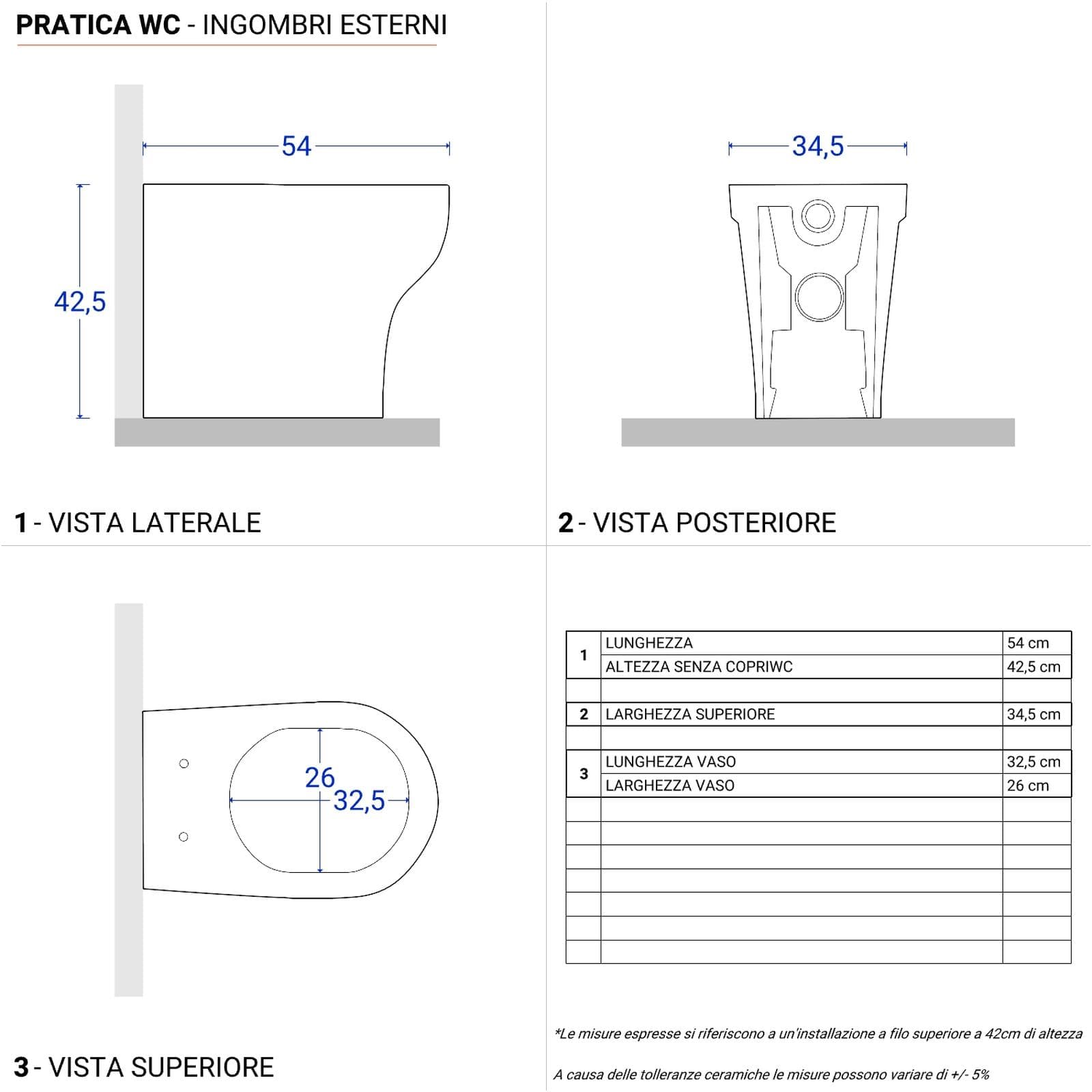 Vaso singolo Azzurra Pratica in ceramica wc con sedile scarico traslato water filomuro