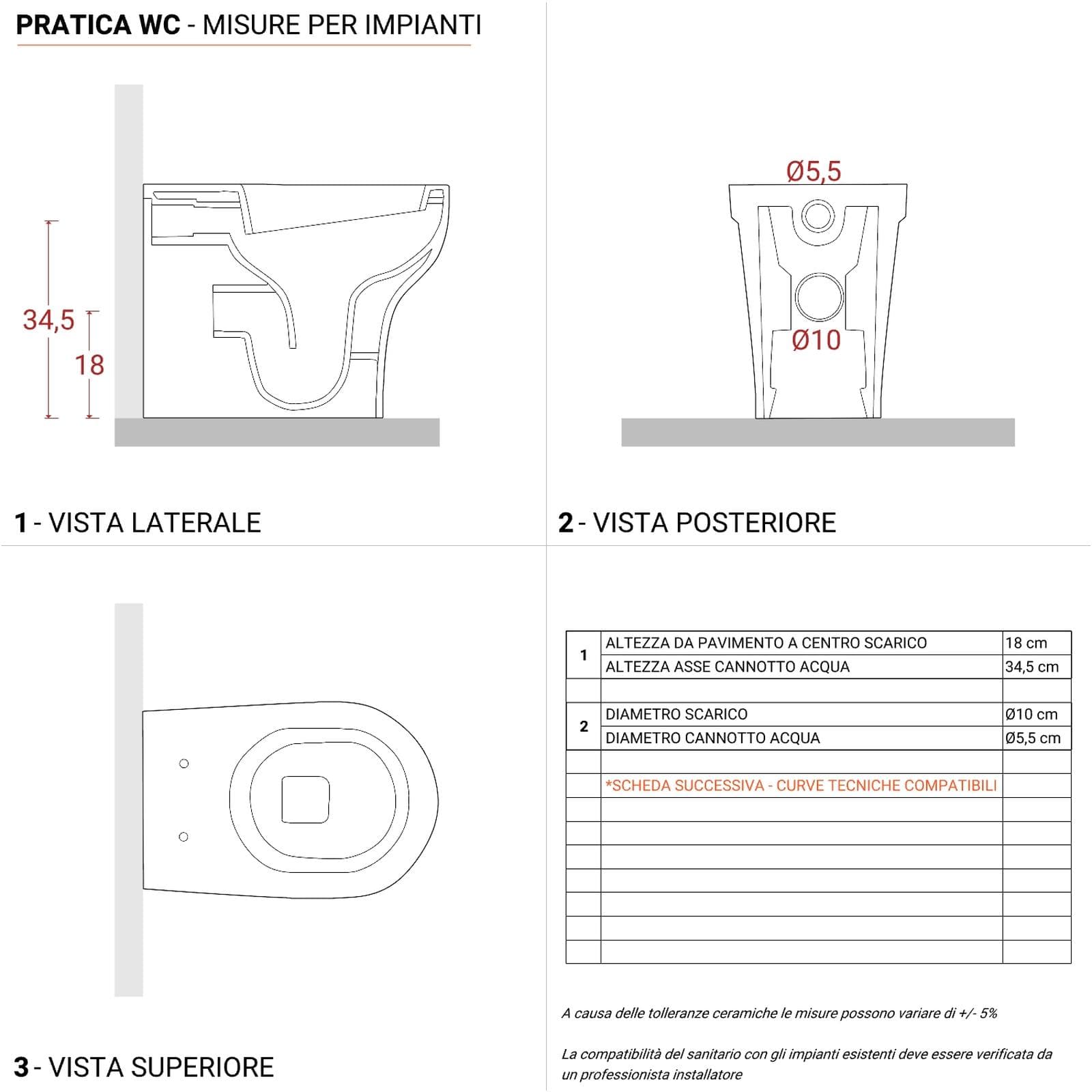 Vaso singolo Azzurra Pratica in ceramica wc con sedile scarico traslato water filomuro