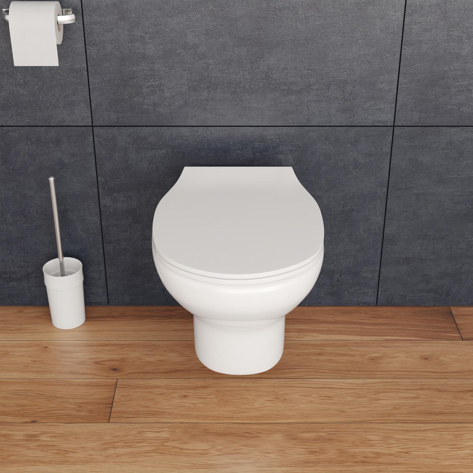 Vaso sospeso senza brida in ceramica con copriwc softclose e kit di fissaggio incluso - Misk