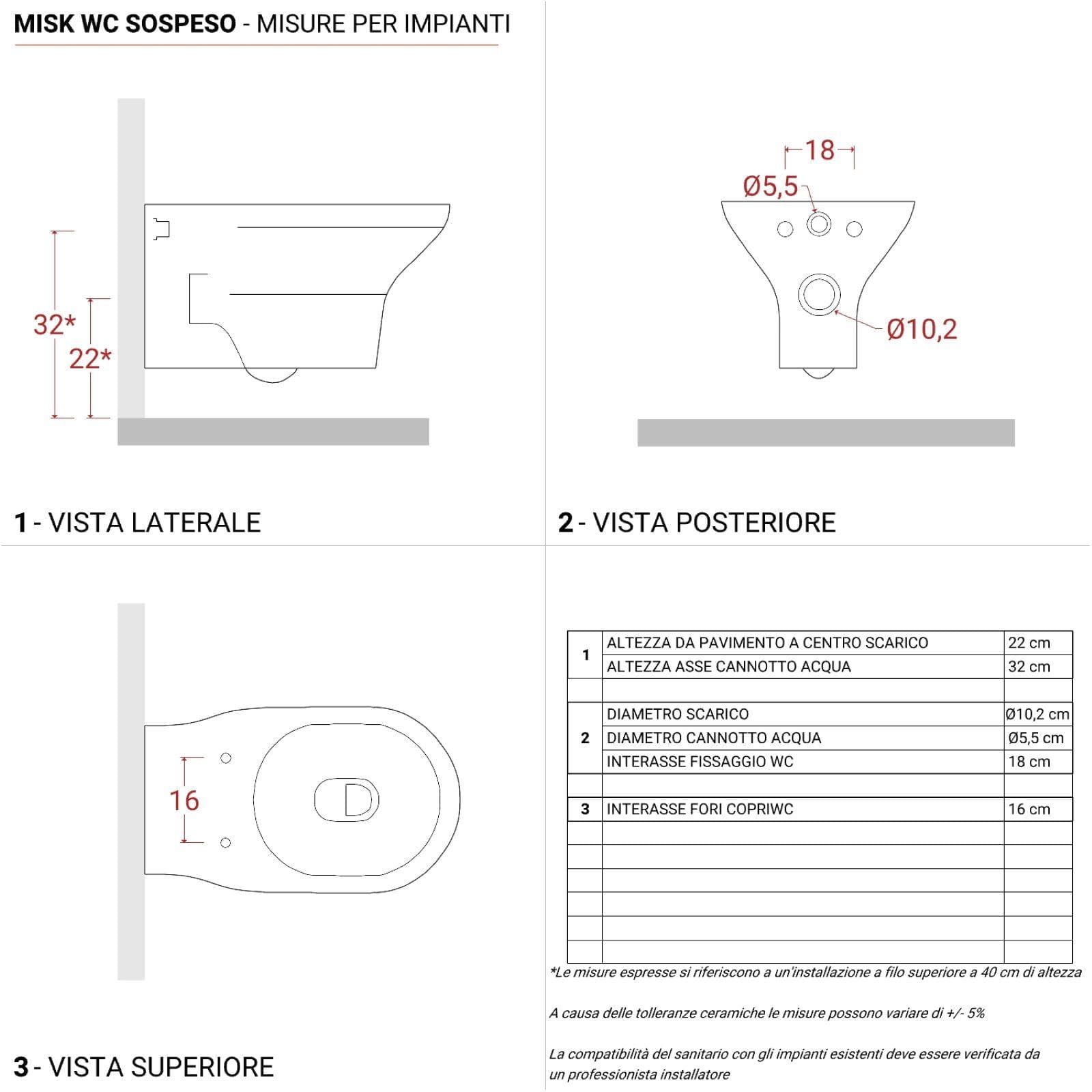 Vaso sospeso senza brida in ceramica con copriwc softclose e kit di fissaggio incluso - Misk