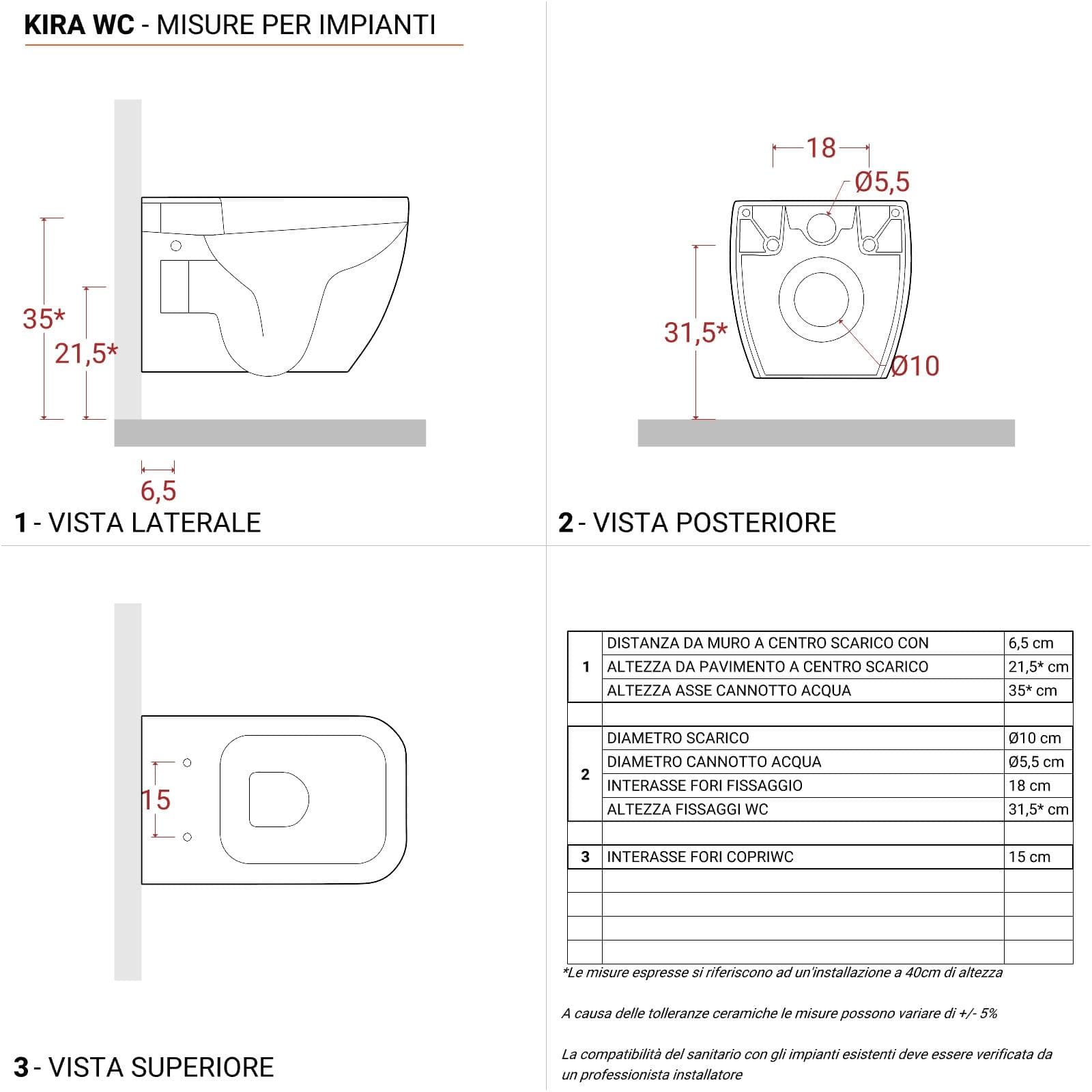 Vaso wc sospeso 34 x 52 x 40h cm in ceramica con sedile soft-close - Kira