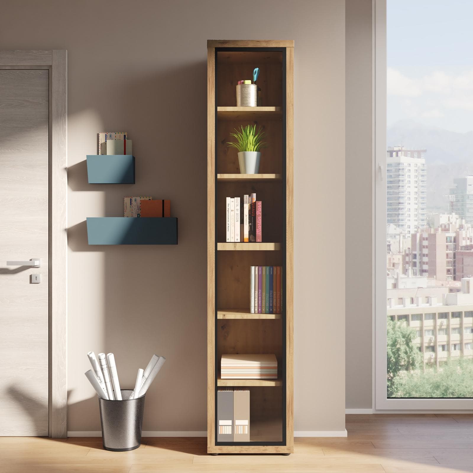 Vetrina 44x217h cm rovere artisan con anta in vetro - Homely office