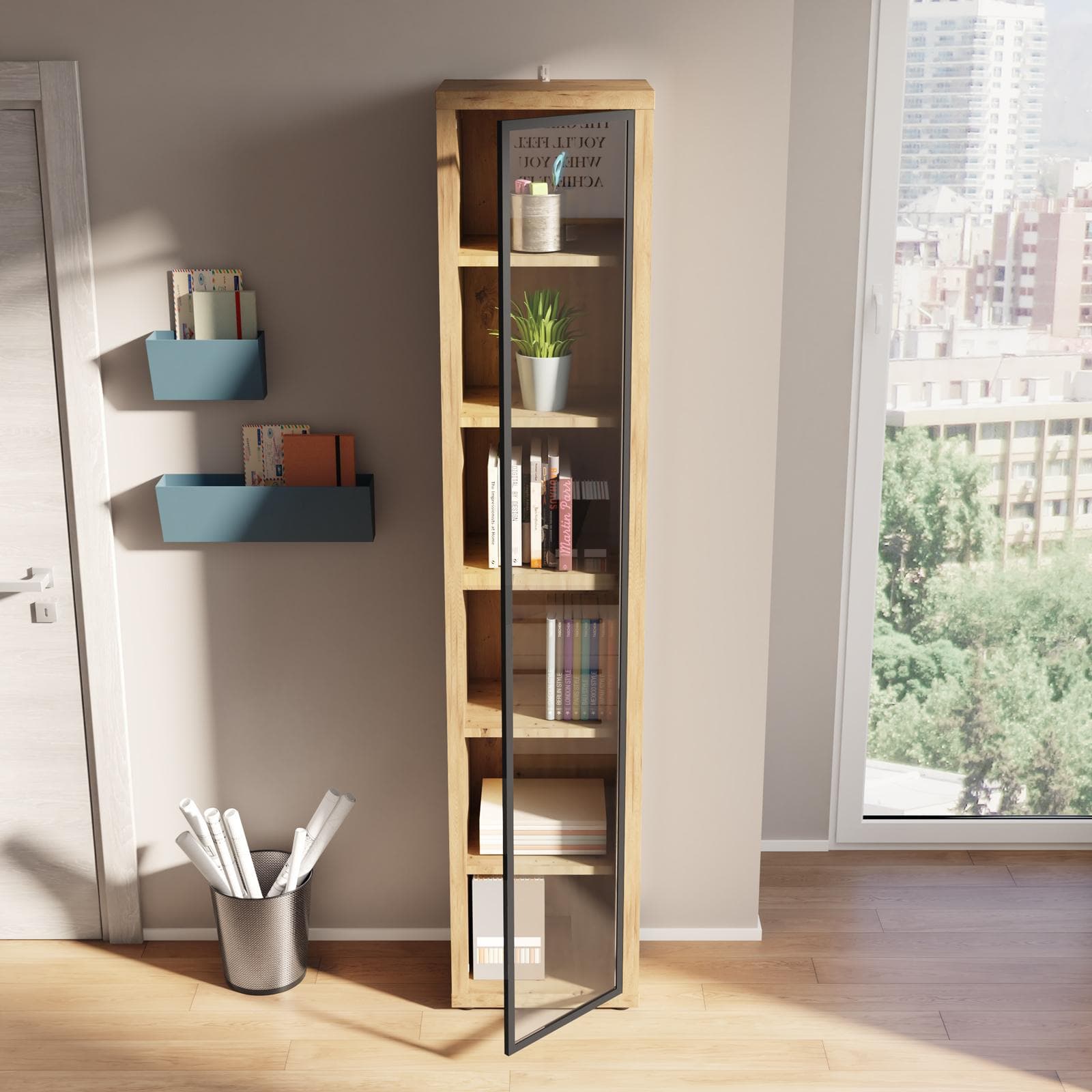 Vetrina 44x217h cm rovere artisan con anta in vetro - Homely office