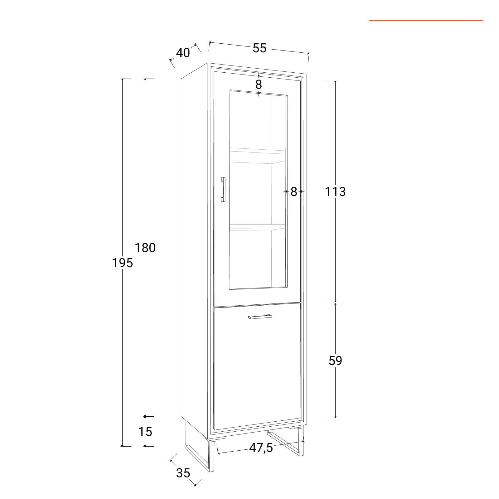 Vetrina 55x195h cm in legno di acacia con 2 ante - Freia Stone
