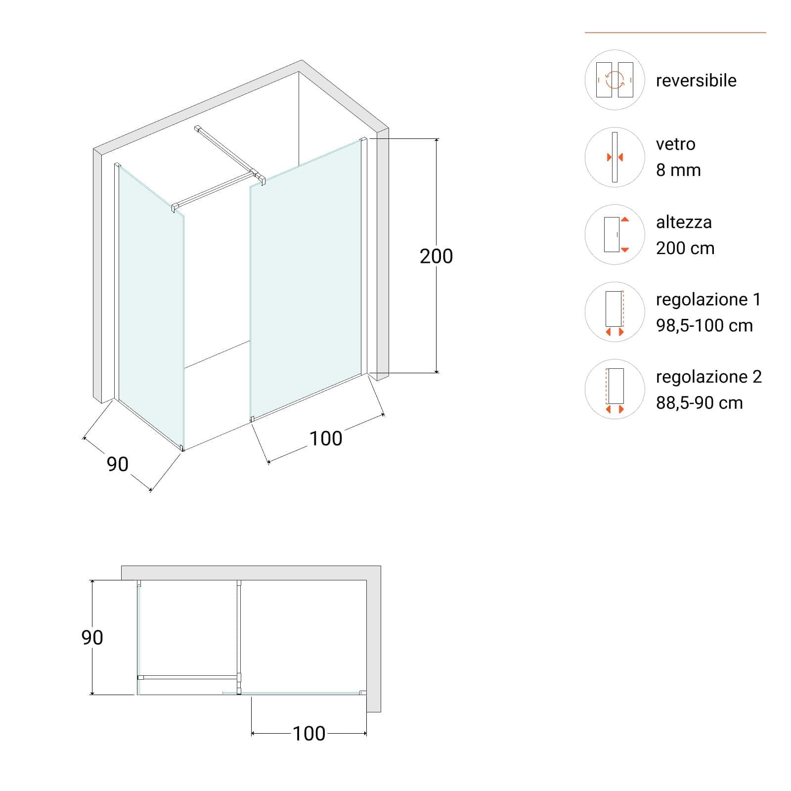 Walk in 90x100 fume vetro temperato anticalcare reversibile due pareti angolare - Keep