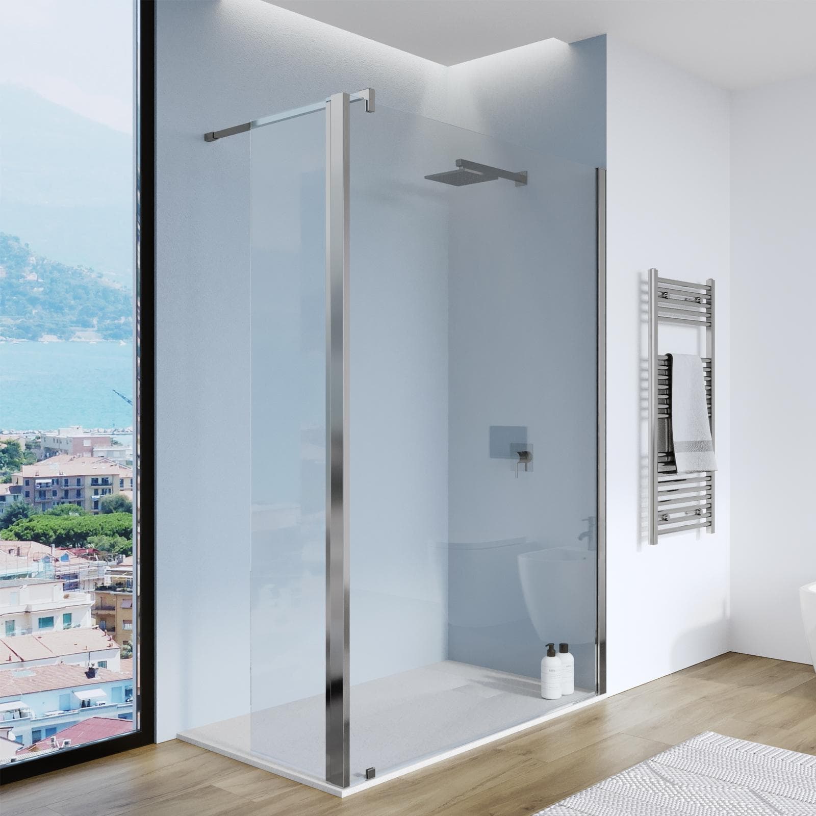 Walk in box doccia 140cm e anta girevole 45cm vetro temperato anticalcare trasparente - Keep