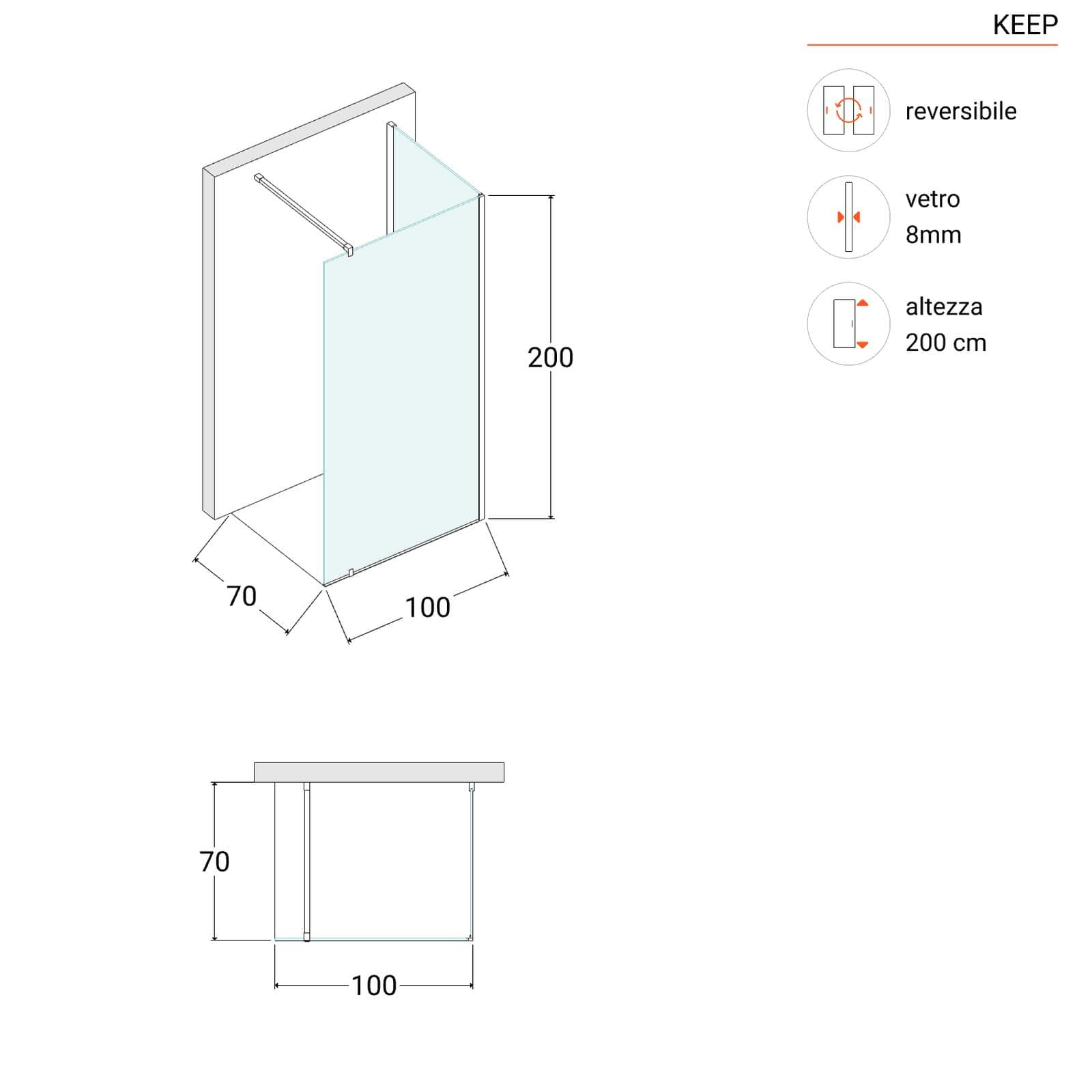 Box doccia walk-in 70x100 cm angolare con vetro trasparente e profilo cromo 200h - Keep