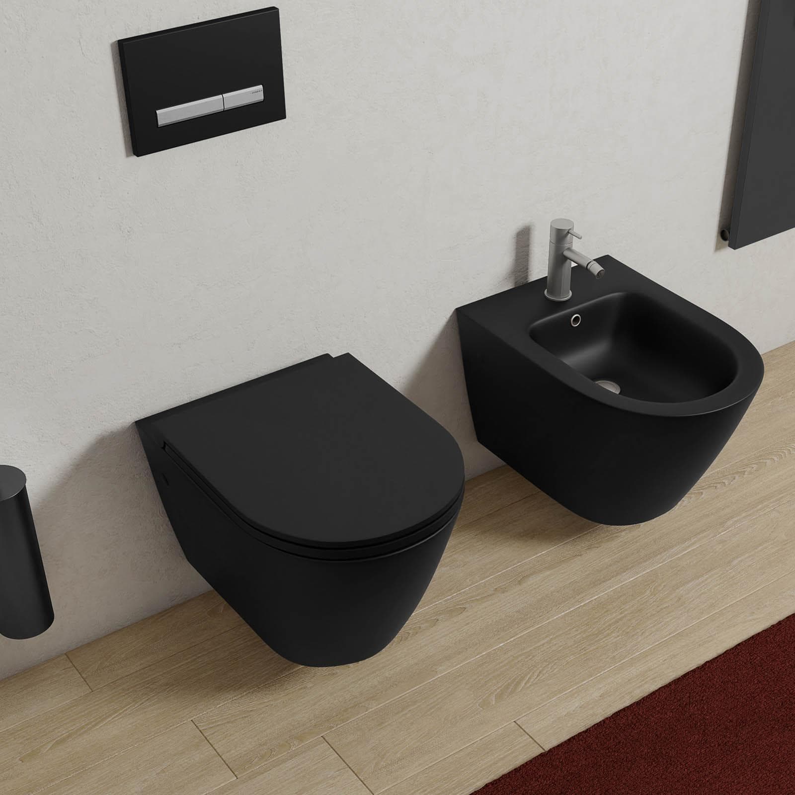 Wc e bidet sospesi nero opaco matt con sedile copriwc softclose ultraslim - Nobu