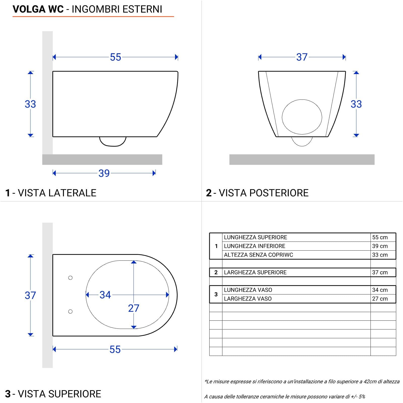 Wc sospeso rimless ceramica lucida con copri wc con chiusura rallentata - Volga