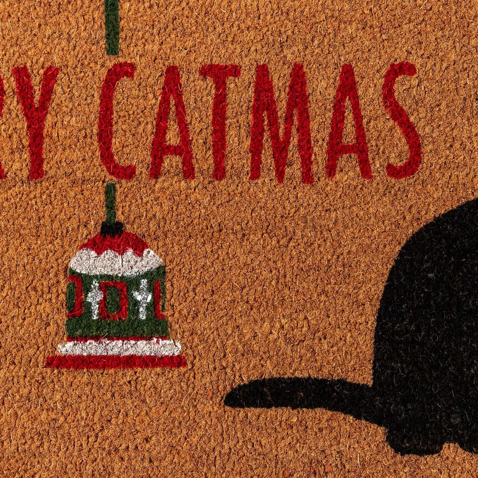 Zerbino natalizio 45x75 cm in coir Merry Christmas con disegno gatto